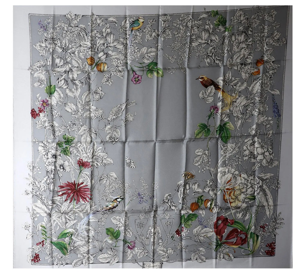 Pre-Loved Gucci Grey Floral Bird Print Silk Scarf – Shop This Elegant Pre-Owned Designer Accessory Today!