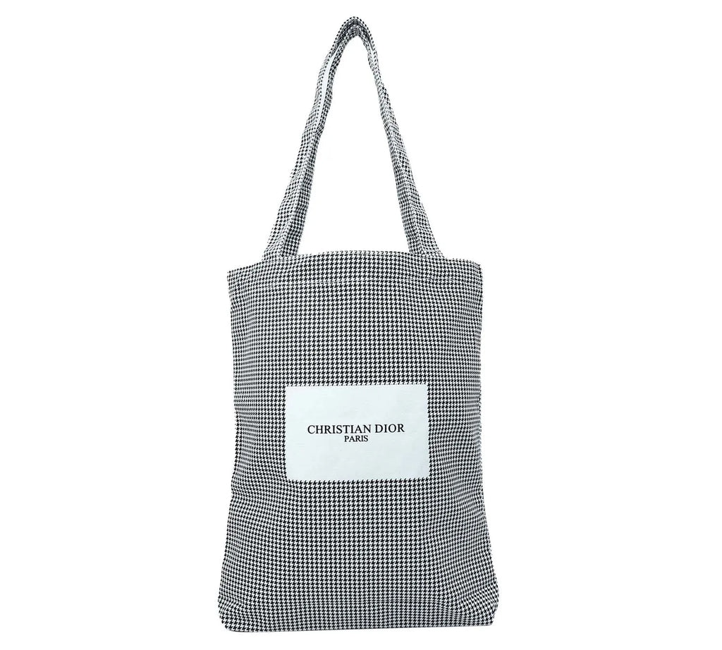 Pre-Loved Christian Dior White/Black Checkered Canvas Shopping Tote Bag