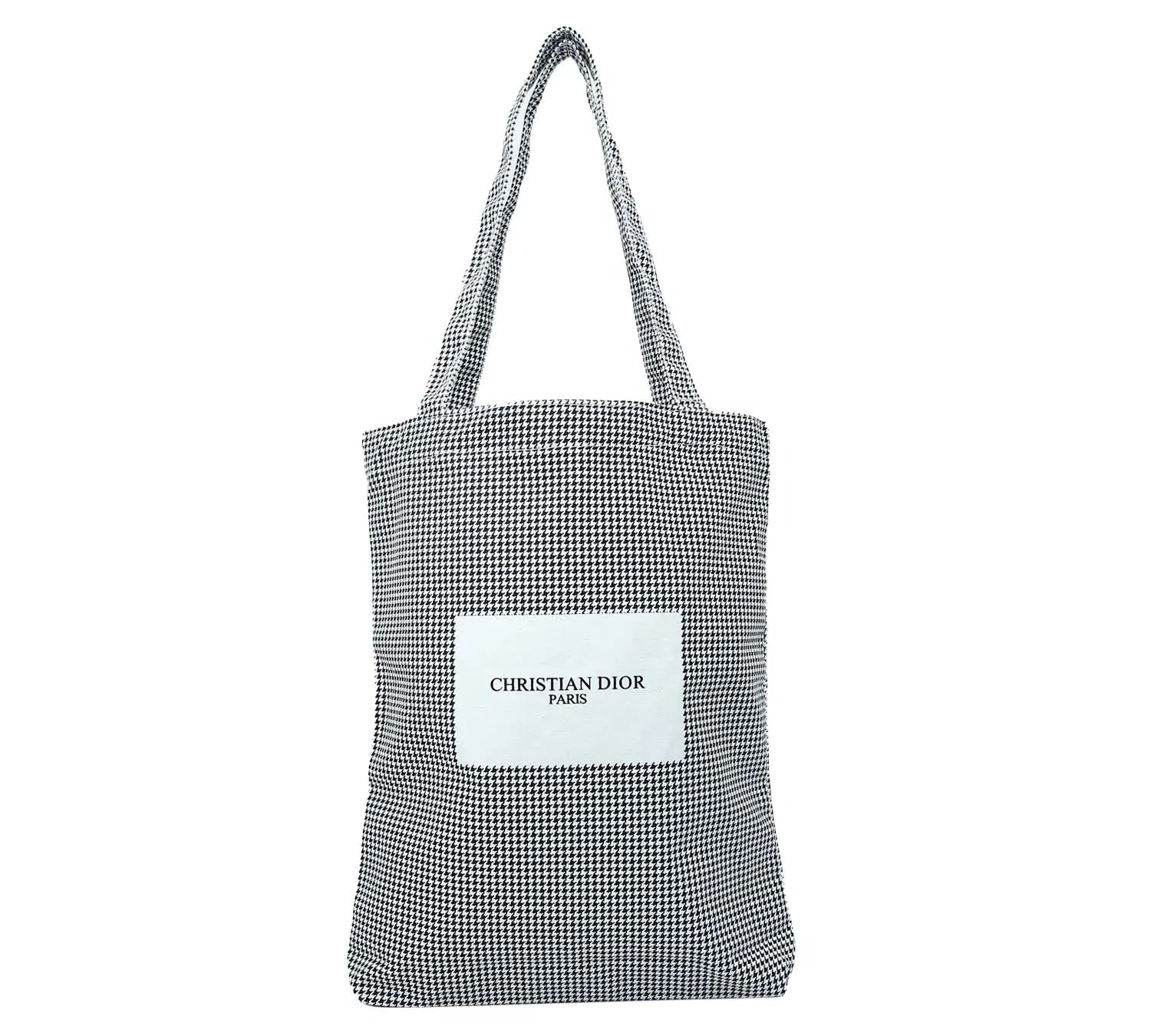 Pre-Loved Christian Dior White/Black Checkered Canvas Shopping Tote Bag