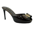 Pre-Loved Louis Vuitton Brown Patent Leather Damier Ebene Canvas Bow Peep Toe Platform Slides Size 39