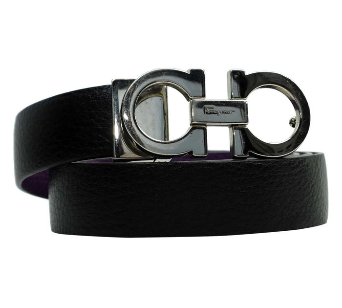 Black/Purple Leather Gancini Buckle Reversible Belt Size 90