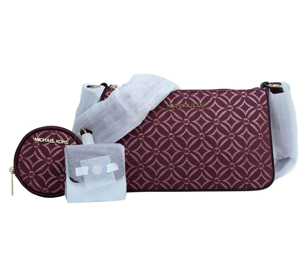 Pre-Loved Michael Kors Jet Set Travel Small Crossbody Bag – Oxblood Multi Metallic Logo Jacquard with Tech Attach, Authentic Pre-Owned Designer Handbag