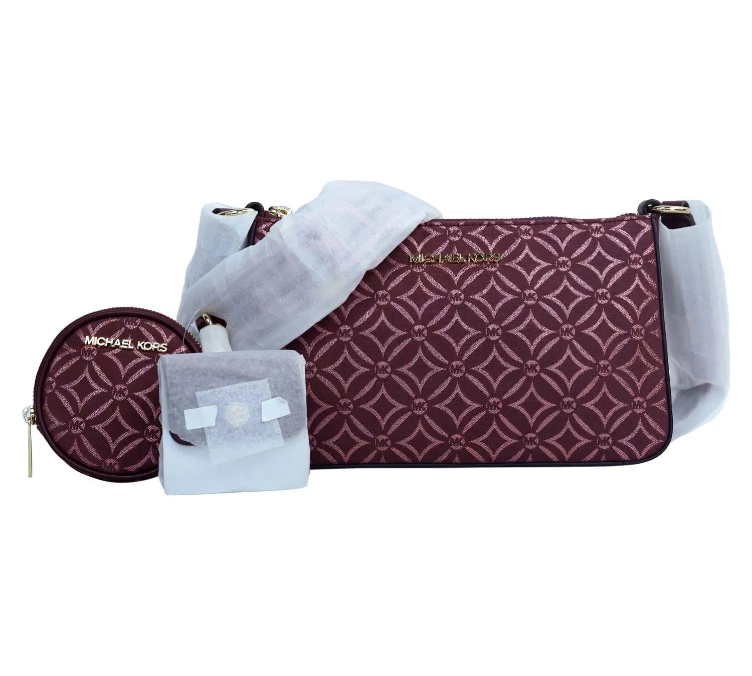Pre-Loved Michael Kors Jet Set Travel Small Crossbody Bag – Oxblood Multi Metallic Logo Jacquard with Tech Attach, Authentic Pre-Owned Designer Handbag