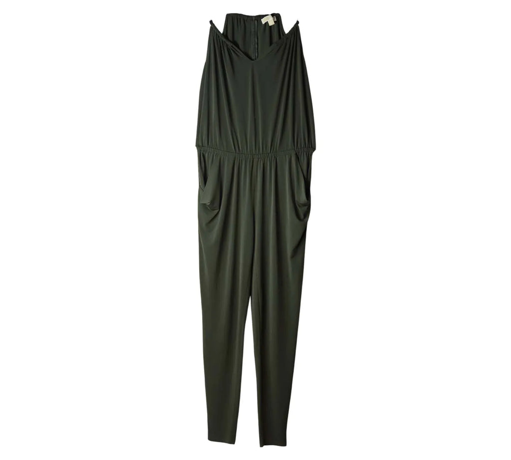 Pre-Loved Michael Kors Olive Green Frima Treill Jumpsuit – Size S, Authentic Pre-Owned Designer Outfit