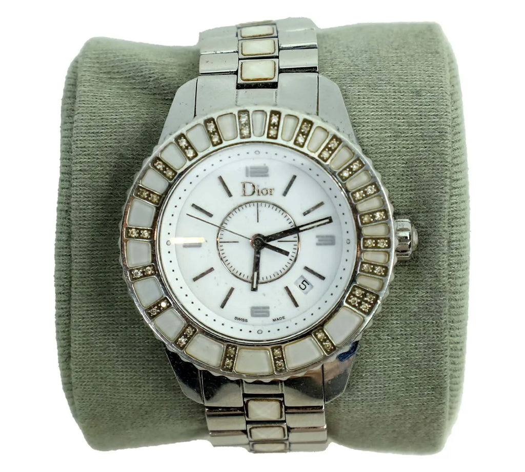 Pre-Loved Christian Dior White Diamonds Women’s Wristwatch – Stainless Steel & Crystal, Authentic Pre-Owned Designer Watch