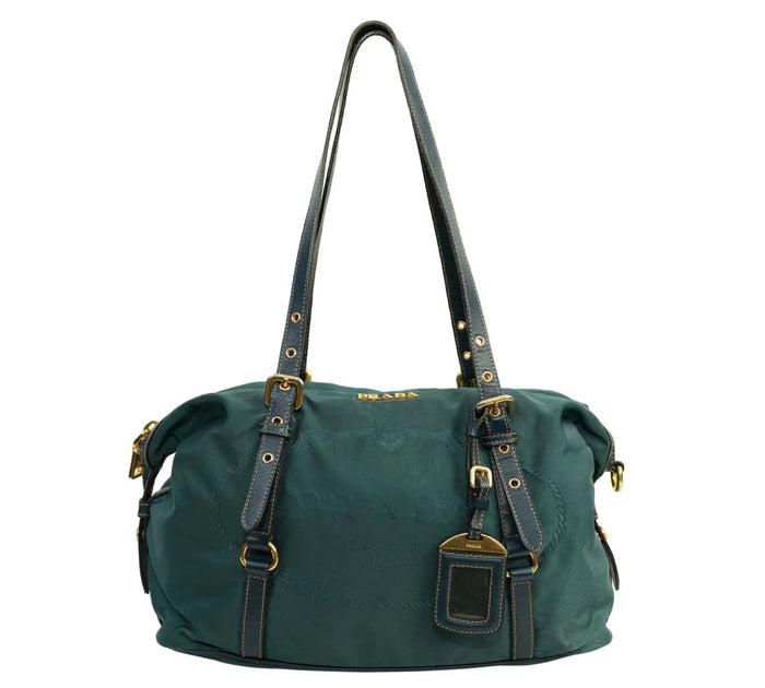 Green Black Saffiano Lux Leather and Nylon Satchel