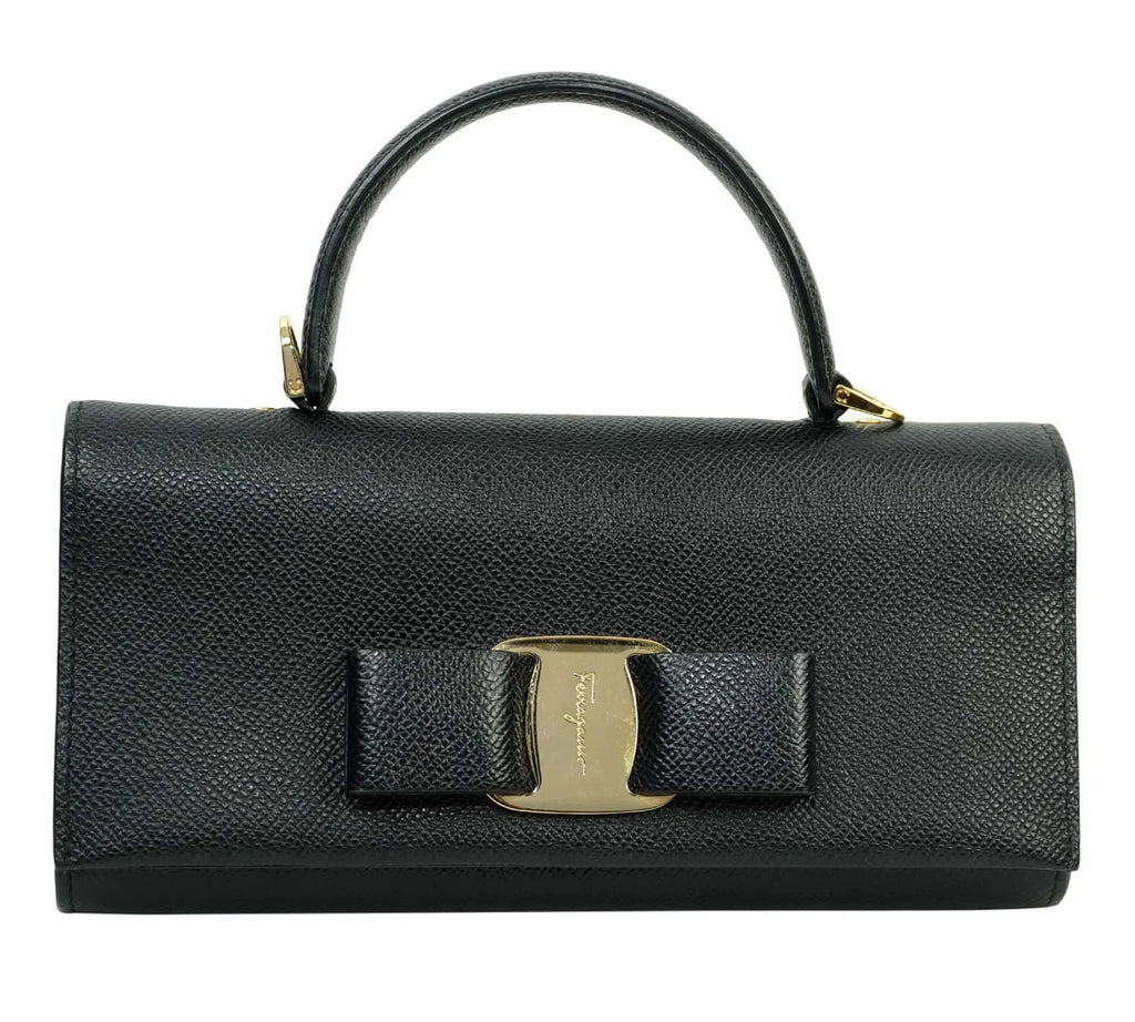 Pre-Loved Salvatore Ferragamo Mini Vara Bow Clutch – Black Leather, Authentic Pre-Owned Designer Bag