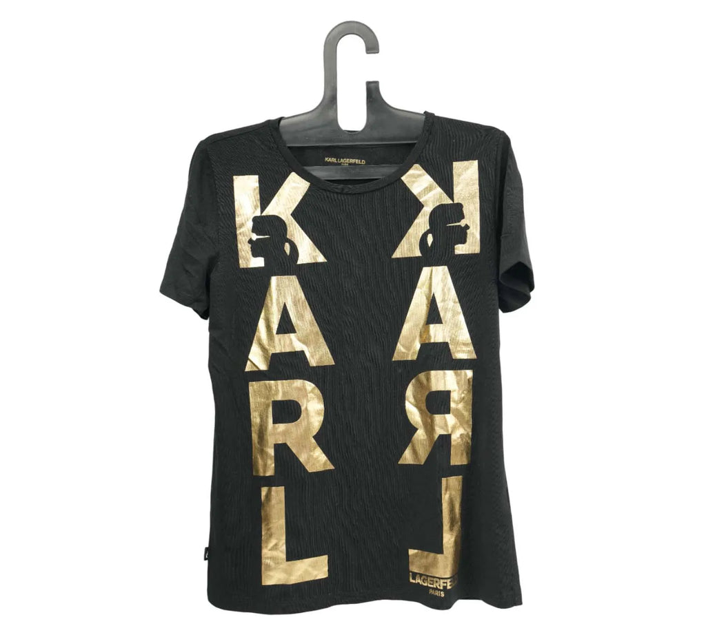 Pre-Loved Karl Lagerfeld Women’s T-Shirt – Black & Gold, Size S, Authentic Pre-Owned Designer Top