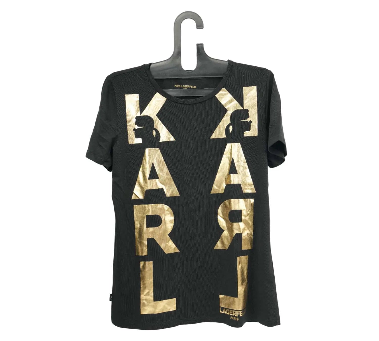 Pre-Loved Karl Lagerfeld Women’s T-Shirt – Black & Gold, Size S, Authentic Pre-Owned Designer Top