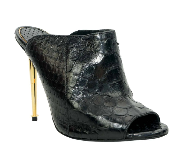 Black Python Peep Toe Mules Size 37 - Eur