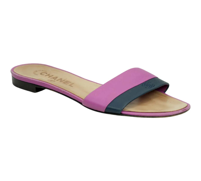 Pink/Purple Leather CC Flat Slides Size 37 - Eur