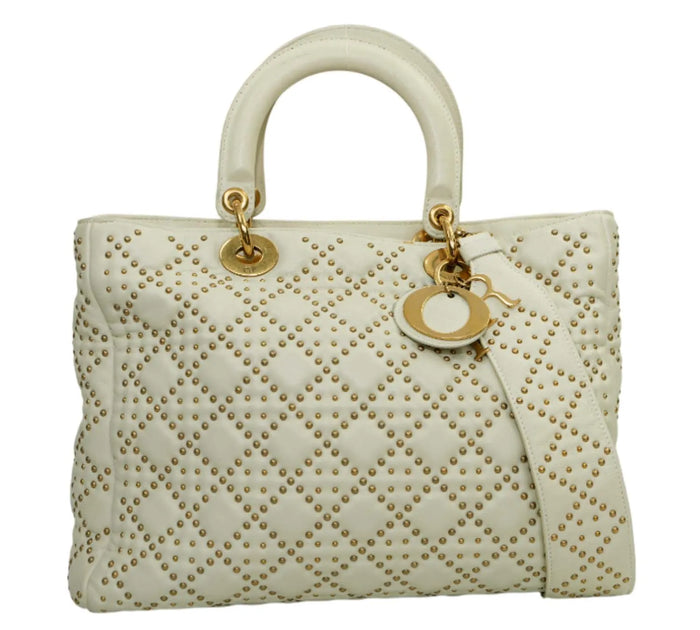 White/Gold Leather Medium Studded Supple Lady Dior Tote