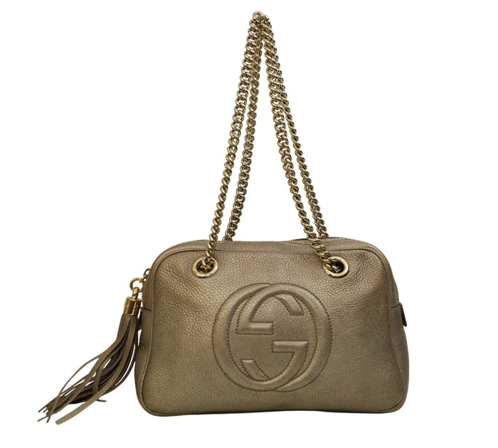 Metallic Grey Leather Medium Soho Chain Shoulder Bag