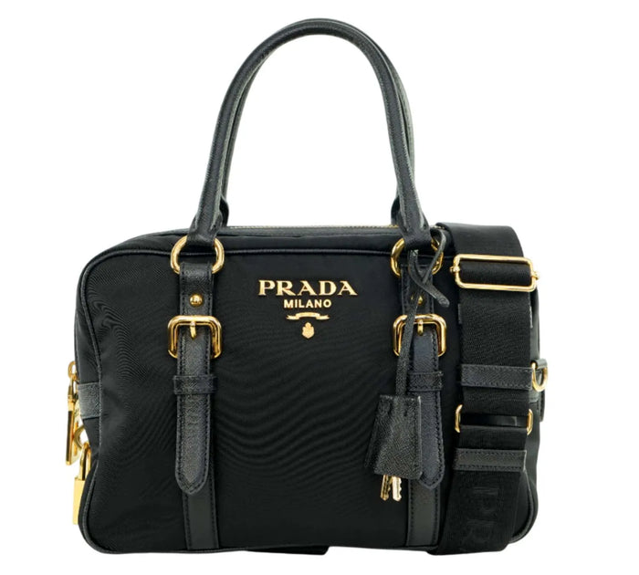 Black Tessuto Nylon Saffiano Leather Bag