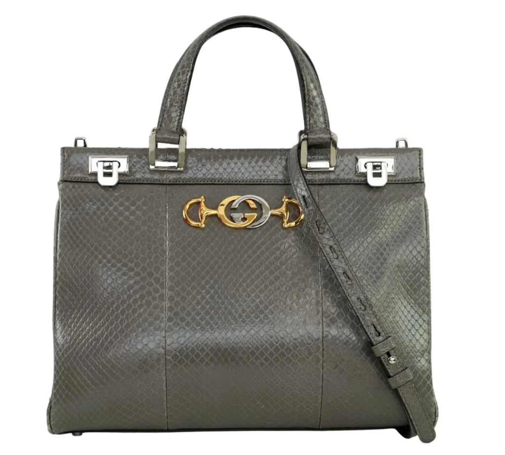 Pre-owned Gucci Grey Zumi Top Handle Python Leather Satchel