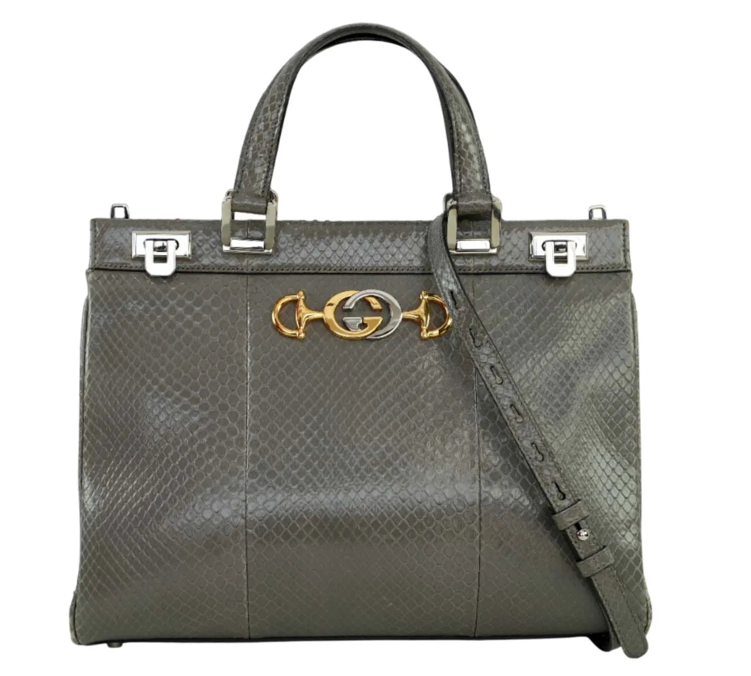 Pre-owned Gucci Grey Zumi Top Handle Python Leather Satchel