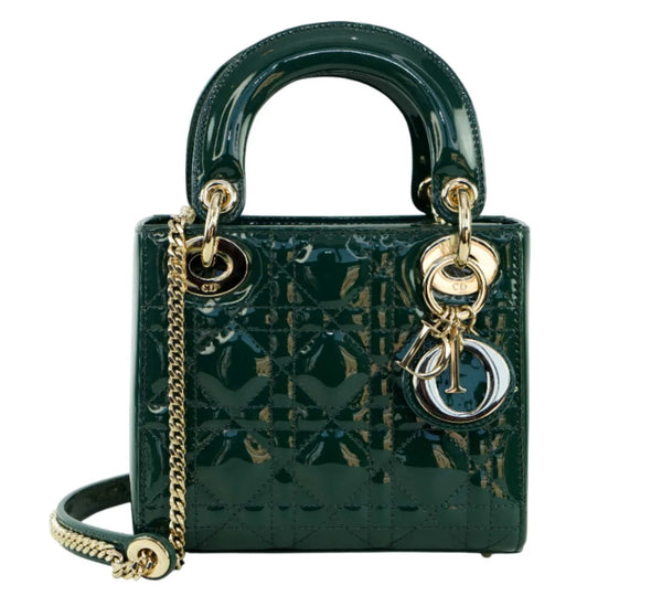 Green Cannage Patent Leather Small Lady Dior Tote