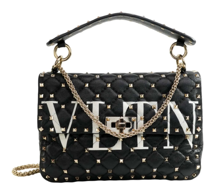 VLTN Black Rockstud Spike Quilted Flap Bag