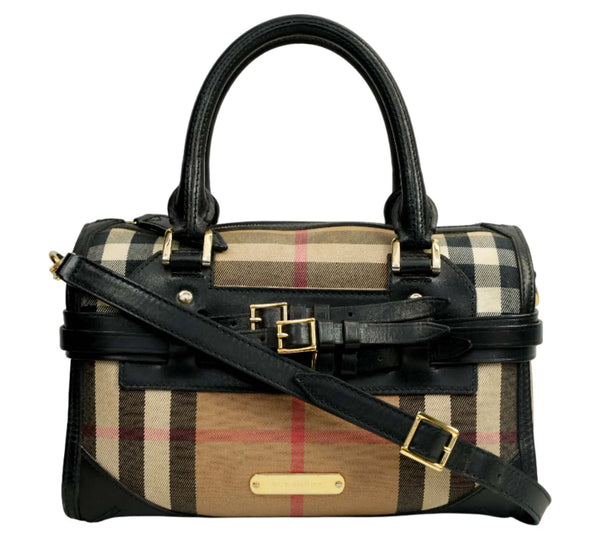 Beige/Black House Check Fabric & Leather Bridle Chester Bowler Bag