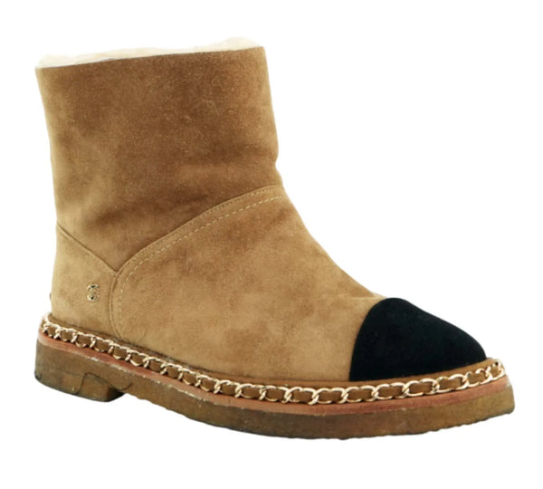 Suede Shearling Cap Toe Chain Short Boots Size 37 - Eur