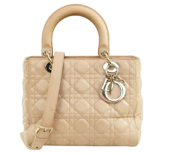 Beige Cannage Quilted Lambskin Leather Medium Lady Dior Bag