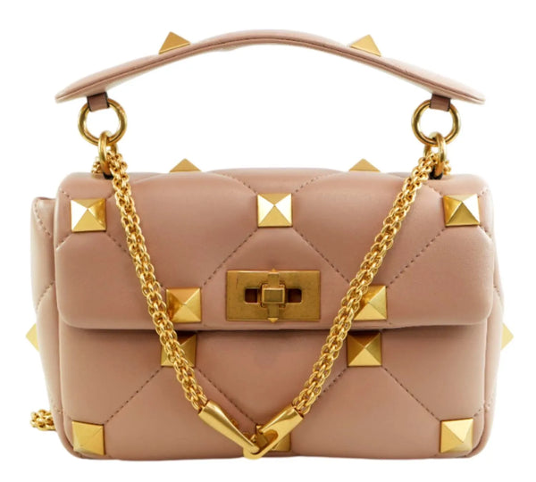 Beige Nappa Leather Roman Stud Large Shoulder Bag