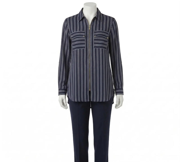 Blue Zip Front Striped Utility Shirt Size - M