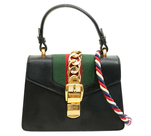 Black Leather Mini Web Chain Sylvie Top Handle Bag