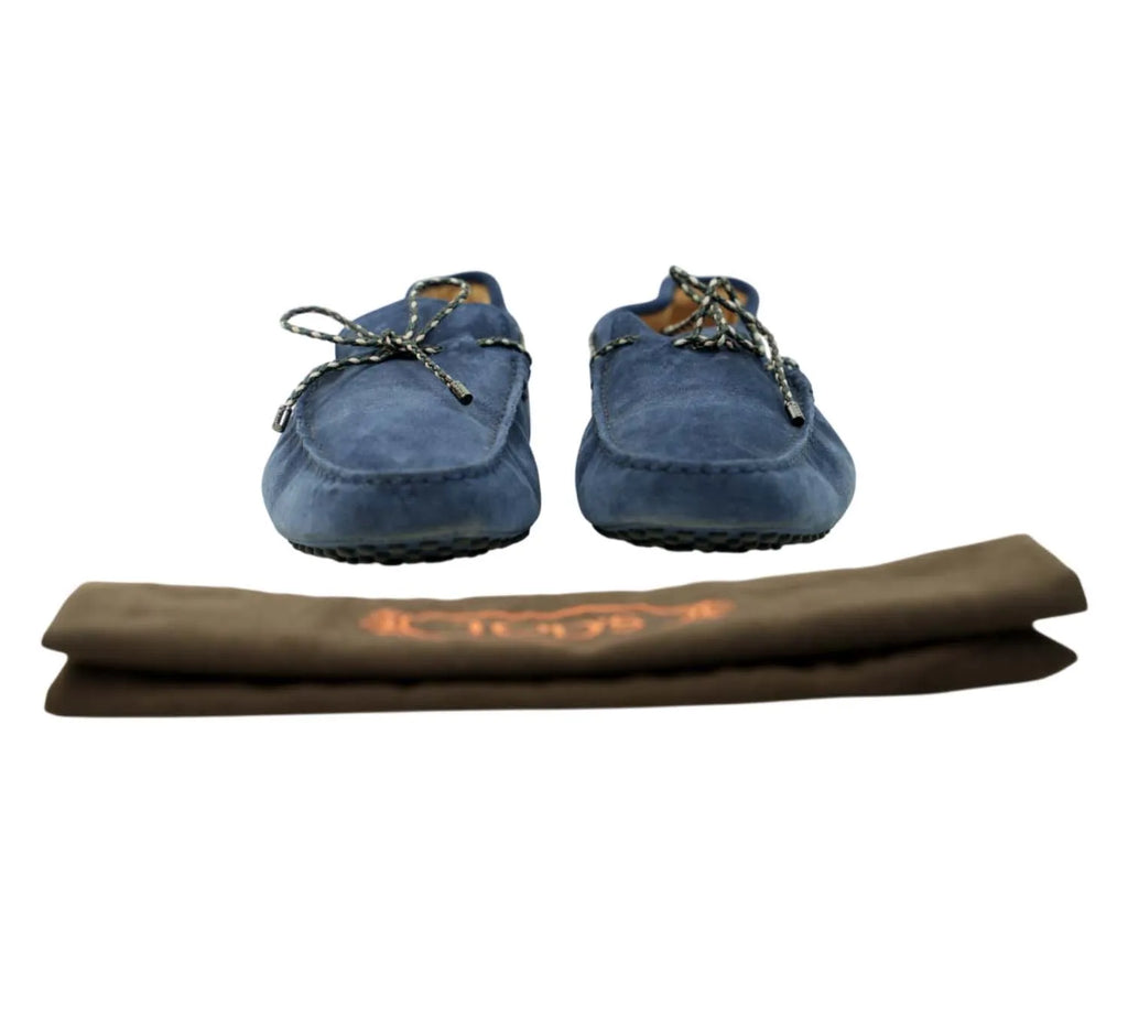 editorial style Tod’s blue suede loafers styled with smart casual outfit