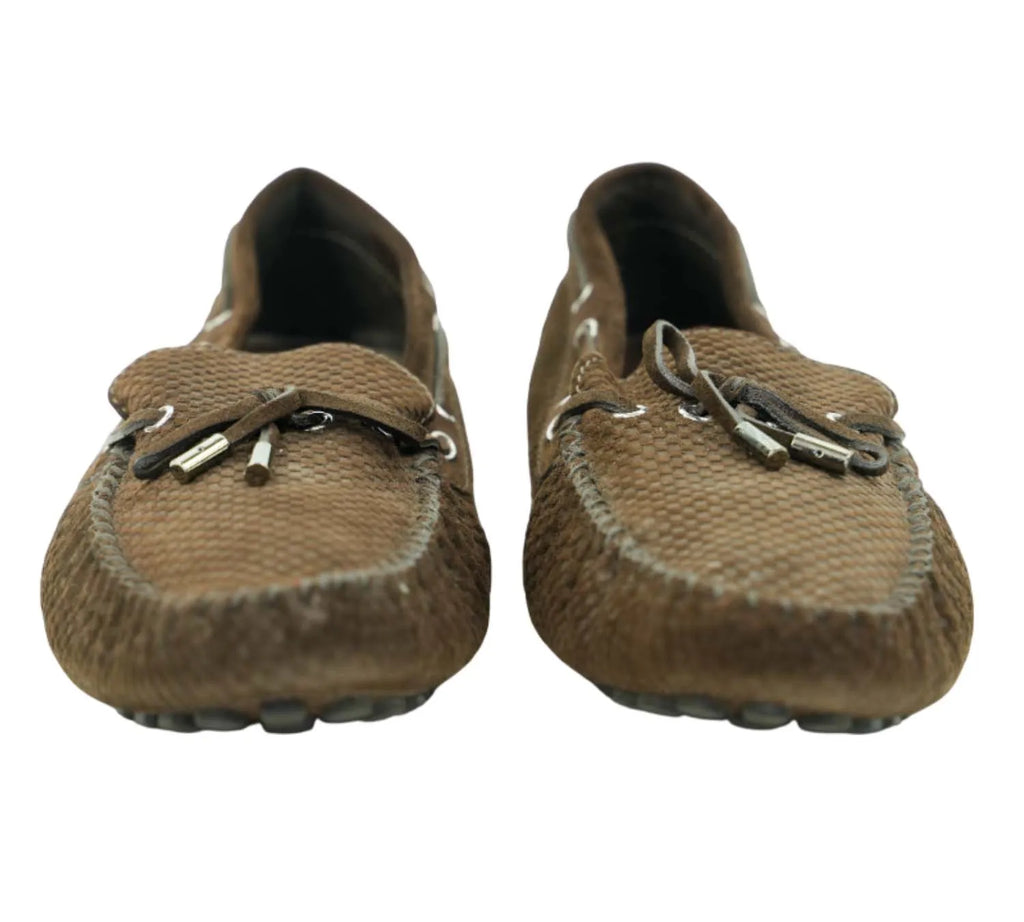 editorial style Louis Vuitton brown suede loafers styled with smart casual outfit