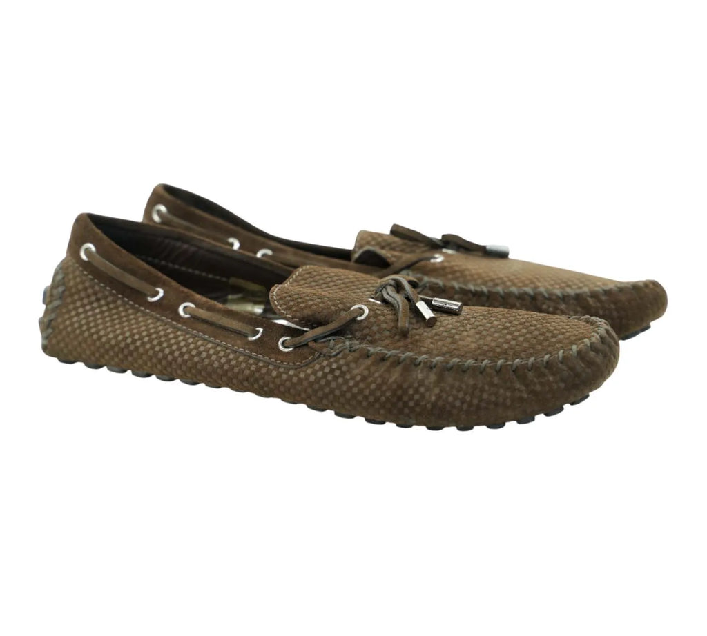 trending Louis Vuitton brown suede loafers with Petit Damier detailing, luxury casual footwear