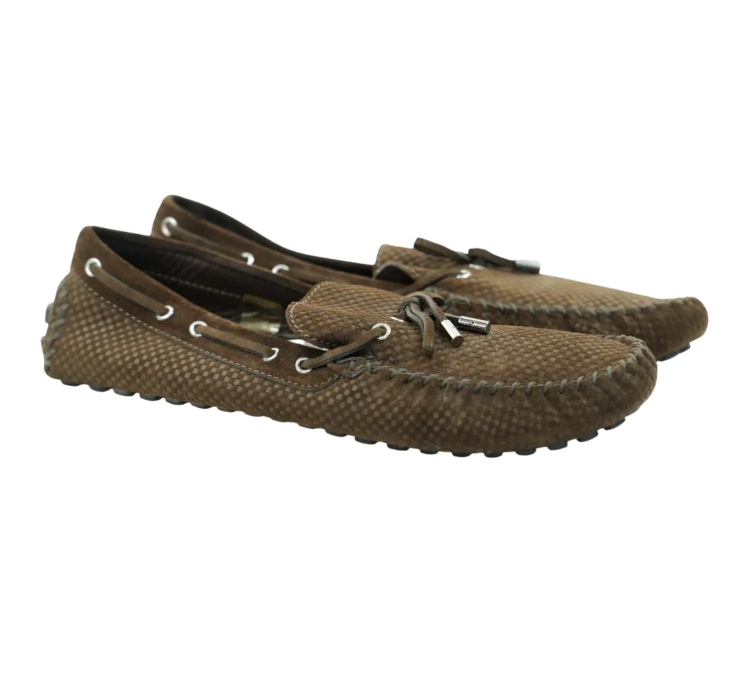 trending Louis Vuitton brown suede loafers with Petit Damier detailing, luxury casual footwear