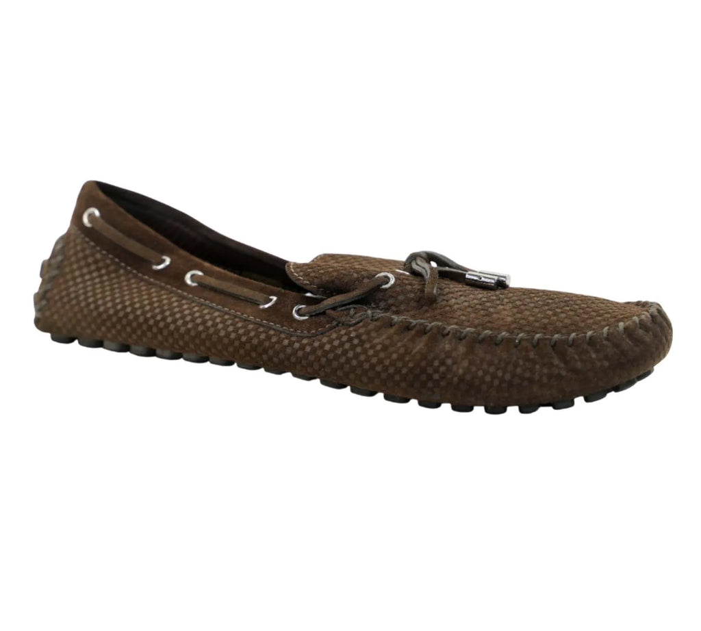 Louis Vuitton brown suede Navajo loafers with Petit Damier pattern and soft slip-on design, size 11.5 EU