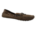 Louis Vuitton brown suede Navajo loafers with Petit Damier pattern and soft slip-on design, size 11.5 EU