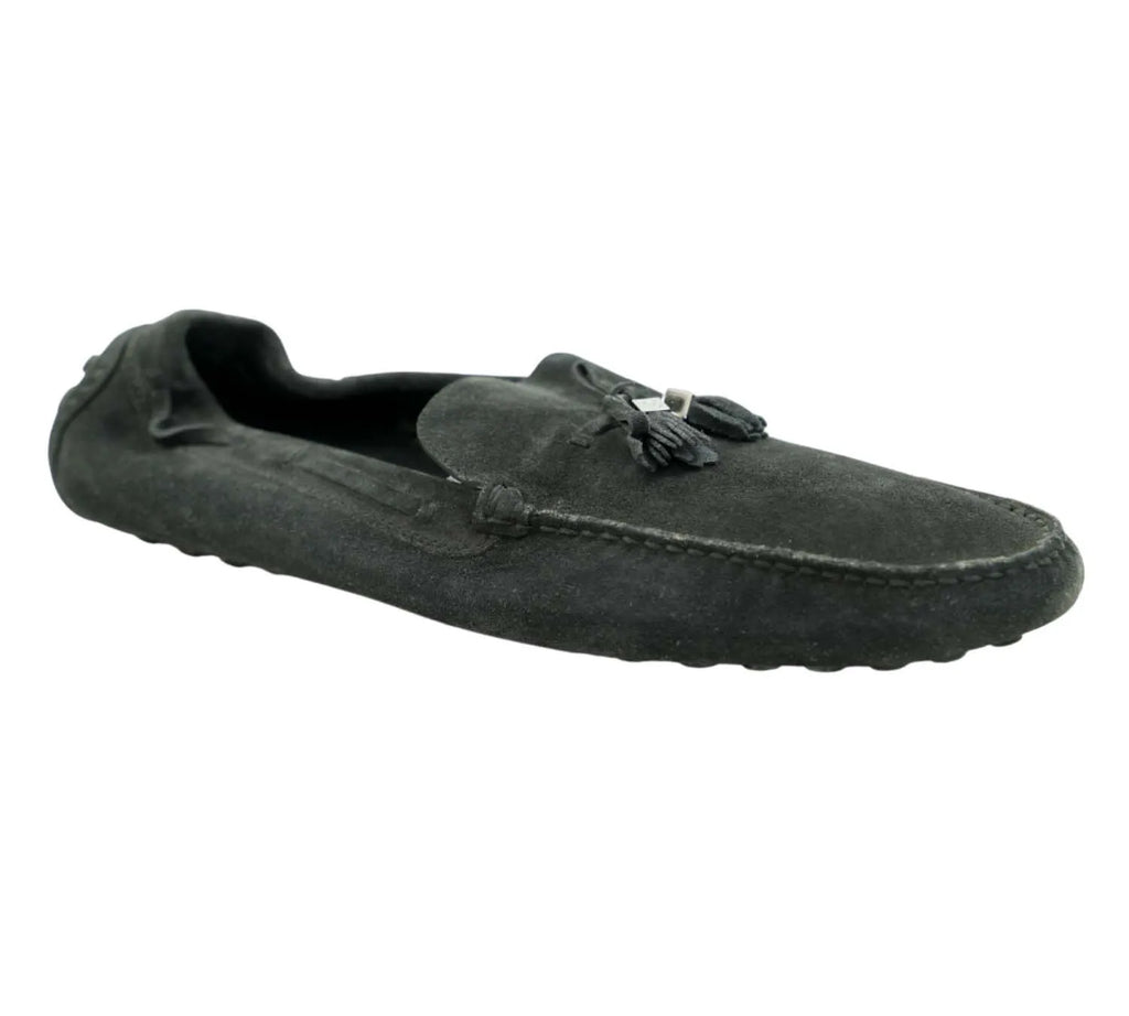 Louis Vuitton black suede Imola tassel loafers with classic slip-on design and luxury finish, size 10.5 EU