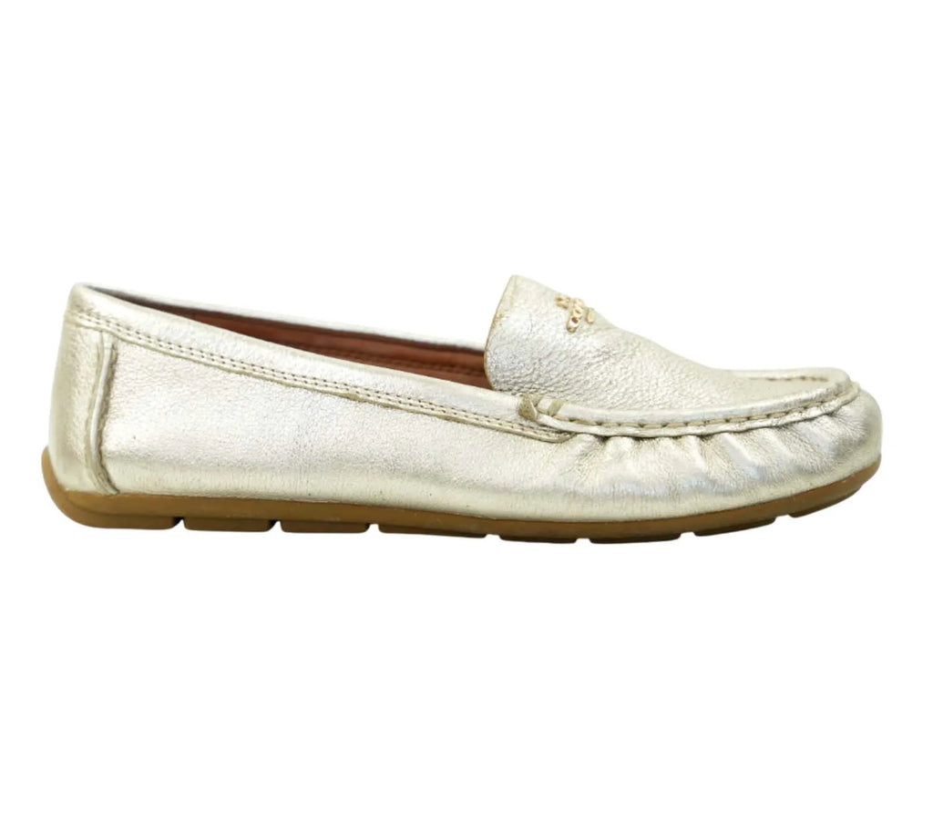minimal Coach champagne driver loafers with sleek metallic finish