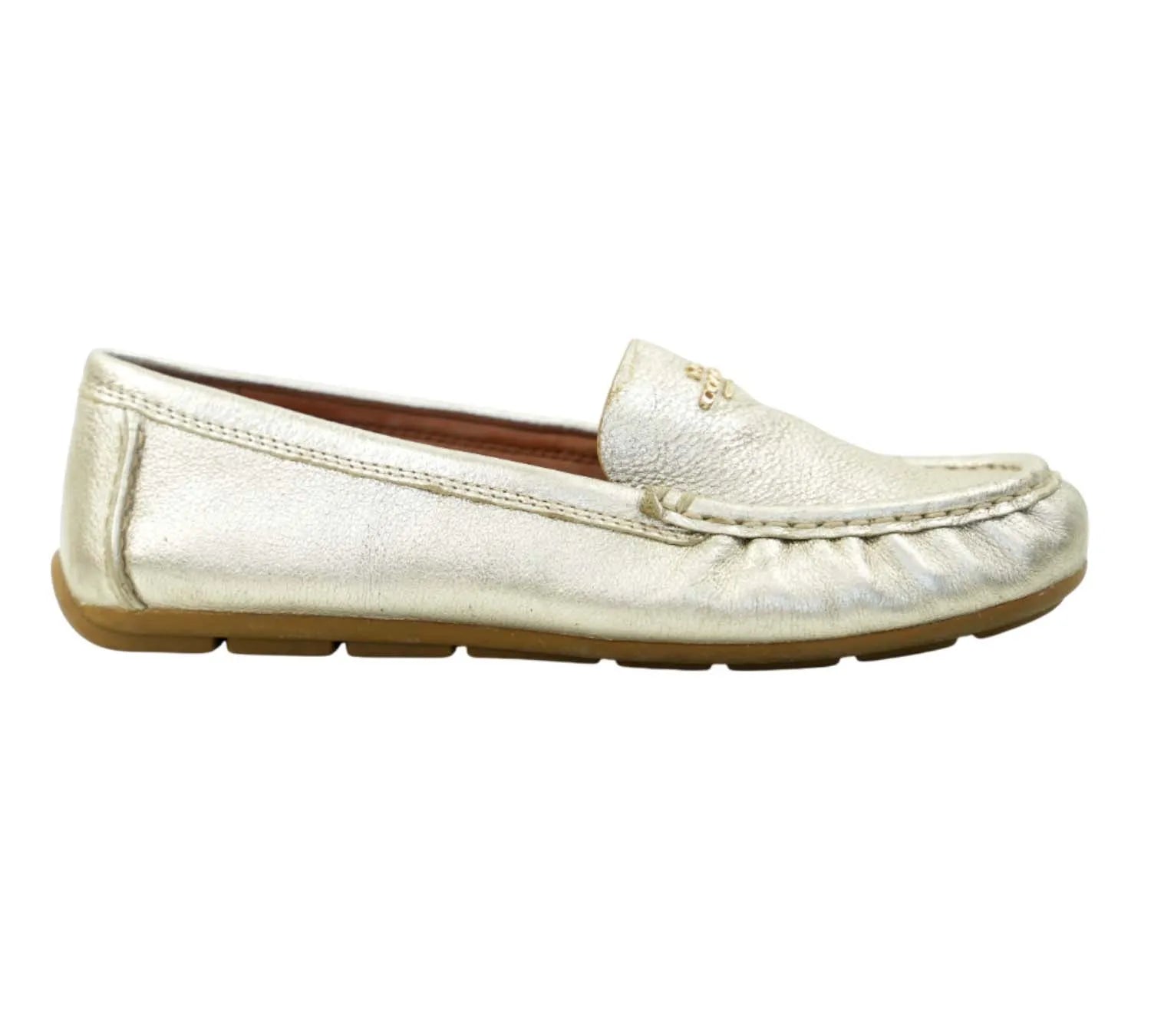 minimal Coach champagne driver loafers with sleek metallic finish