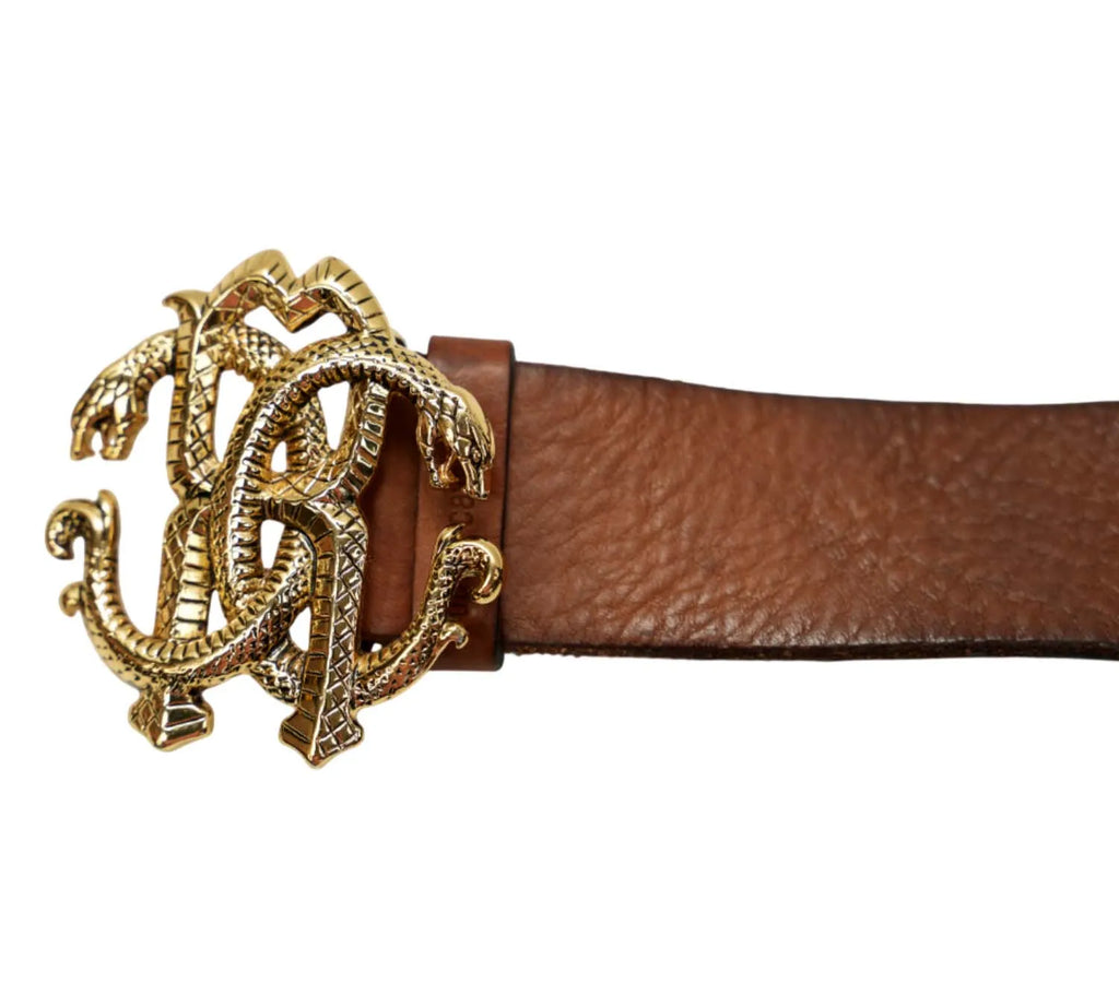 trending Roberto Cavalli snake leather belt with mirrored monogram buckle
