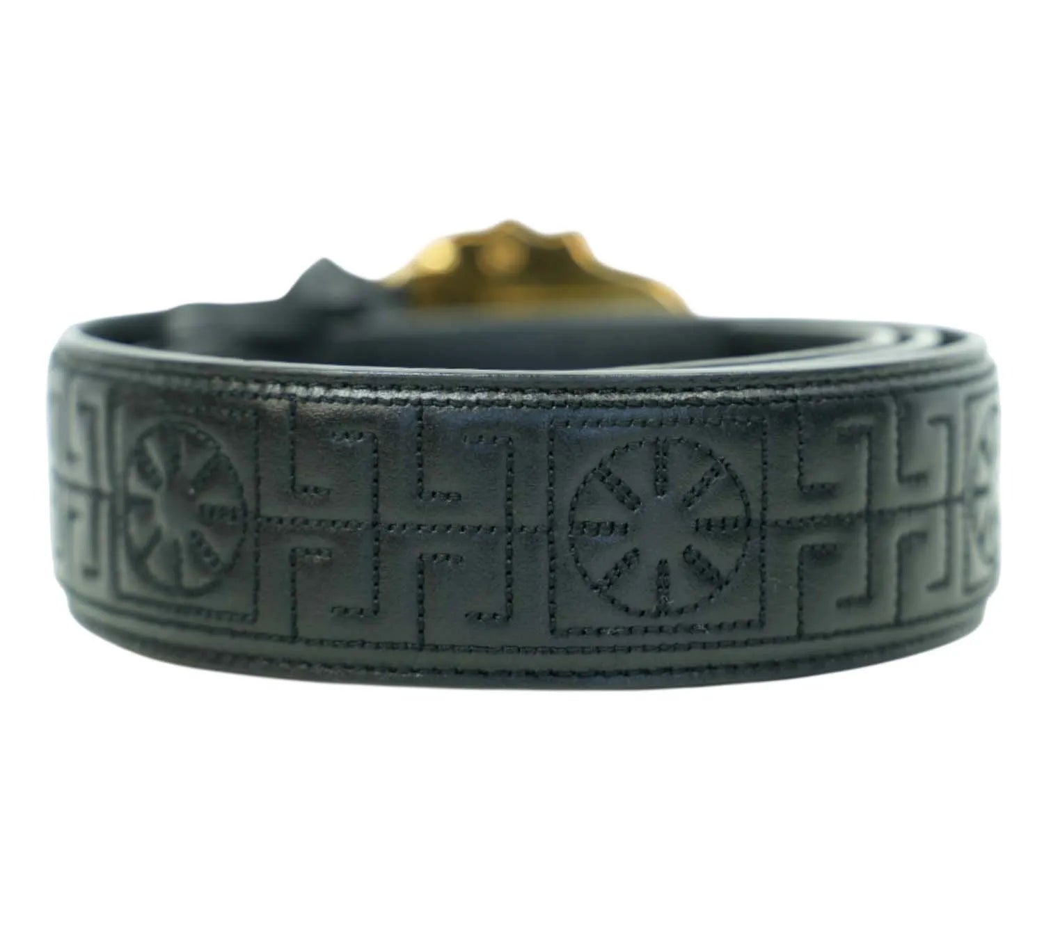 minimal Versace leather belt with Medusa head buckle design