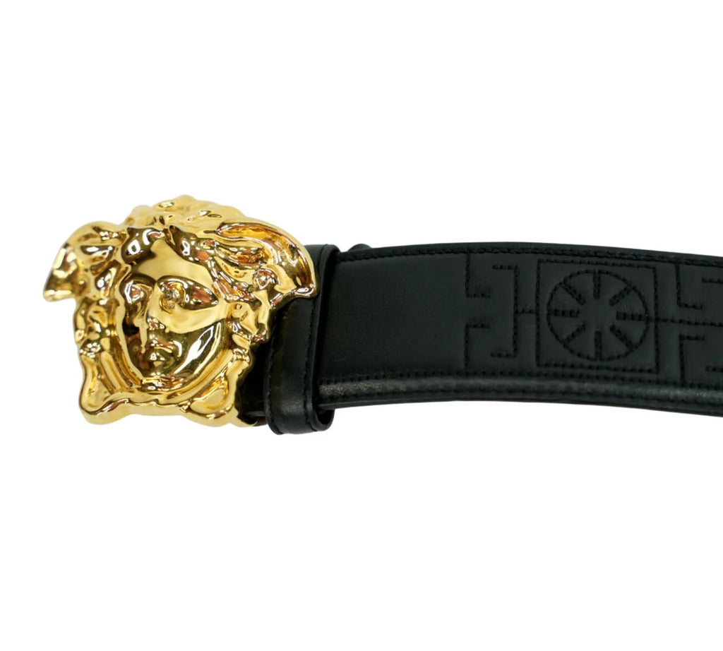 Versace belt with large Medusa head buckle styled with fashion outfit