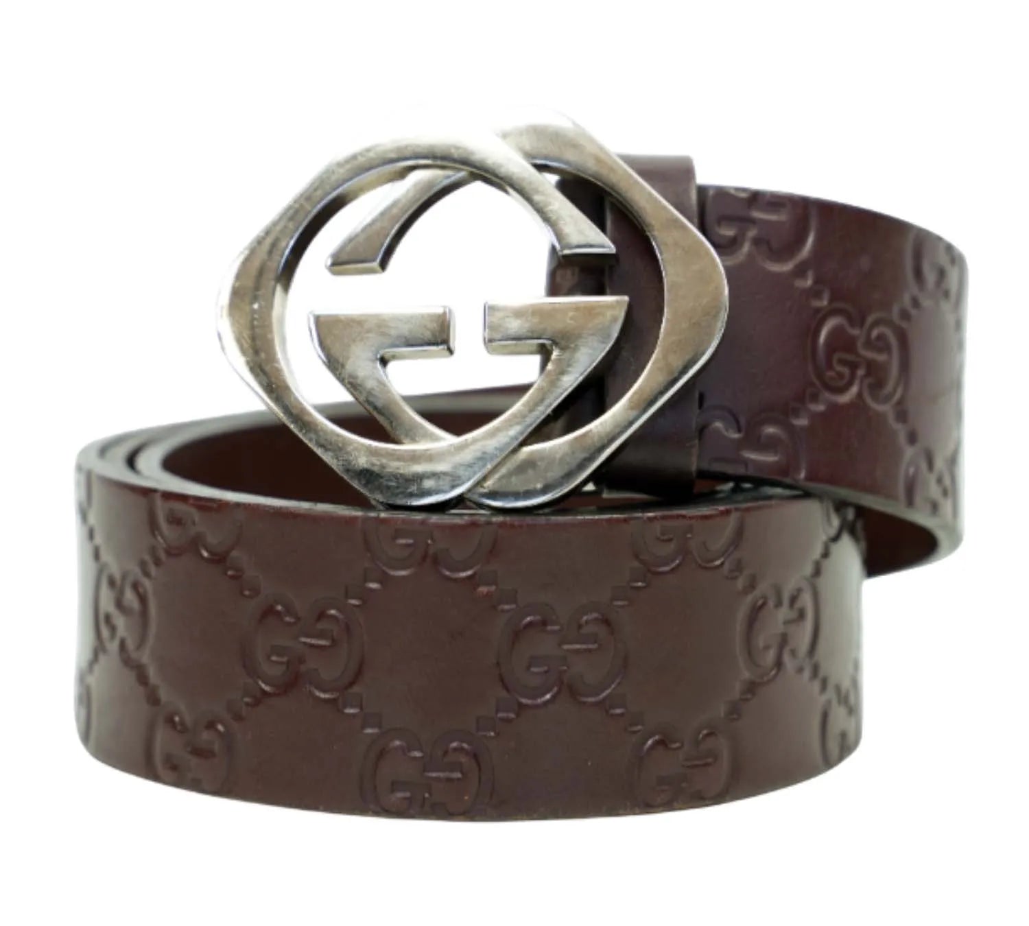 Gucci brown leather belt with interlocking G buckle, luxury designer belt size 95 cm