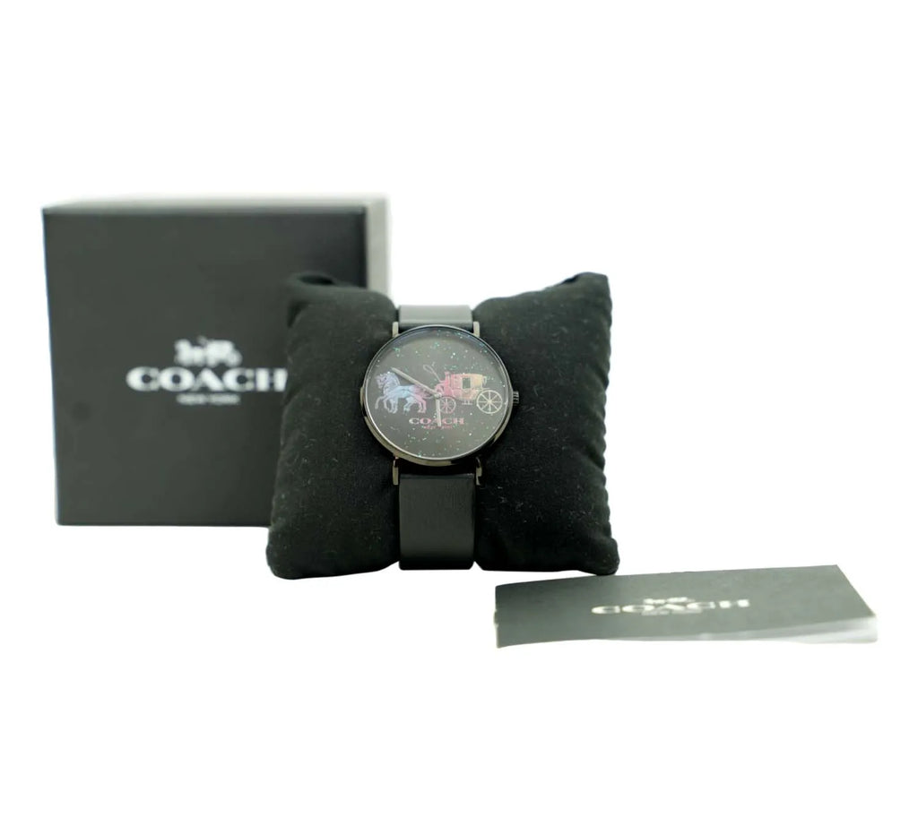 minimal Coach Perry watch in black leather strap with simple dial
