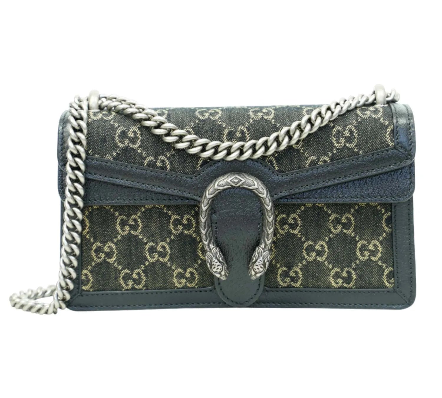 Gucci Dionysus shoulder bag in black and grey monogram denim with signature tiger head clasp