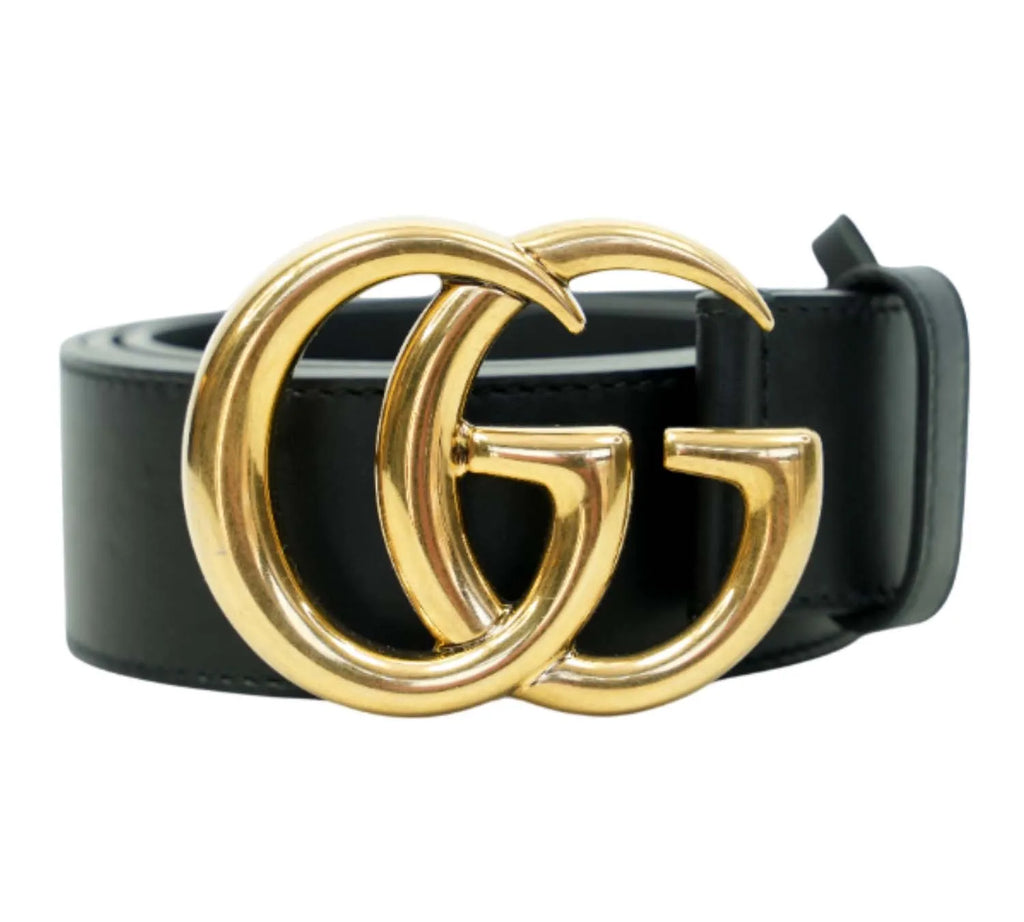 trending Gucci black GG Marmont belt with gold double G buckle