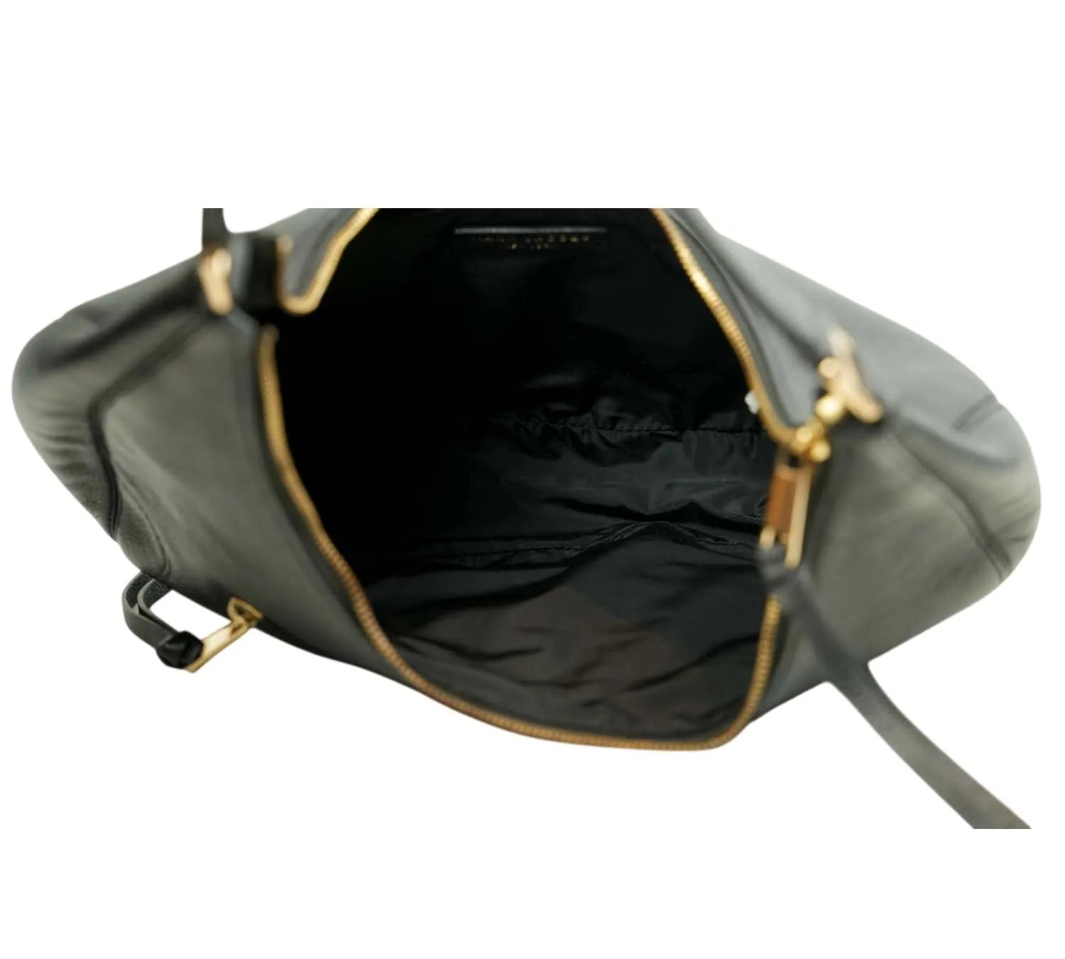 minimal Marc Jacobs black leather hobo bag with curved crescent shape