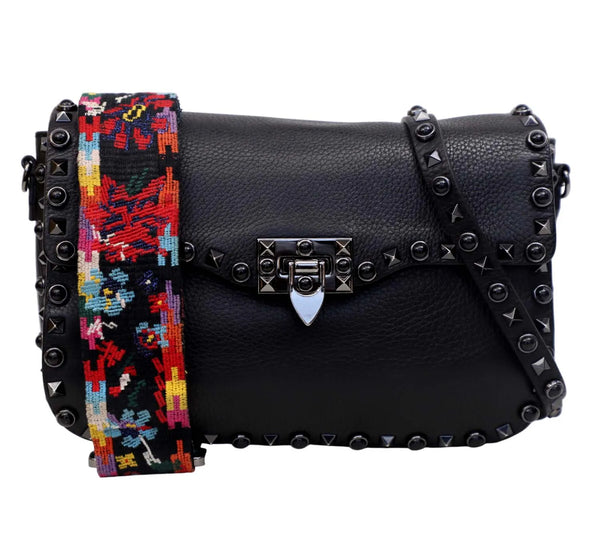 Black Grain Leather Guitar Rockstud Rolling Crossbody Bag