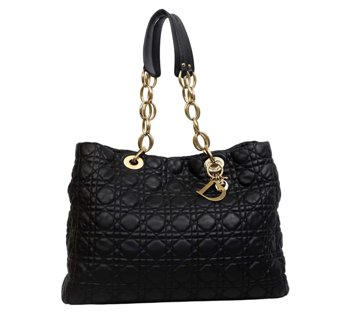 Black Cannage Quilted Lambskin Leather Dior Soft Shopping Tote Bag