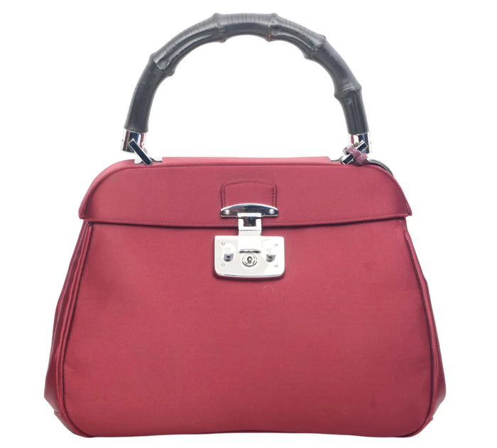 Maroon Satin Lady Lock Bamboo Top Handle Bag