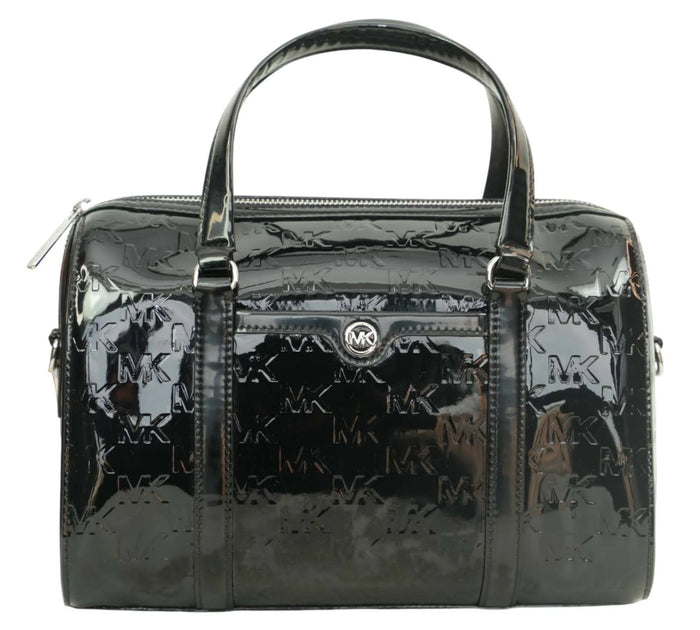 Jet Set Medium Black Patent Logo Debossed Duffel Satchel