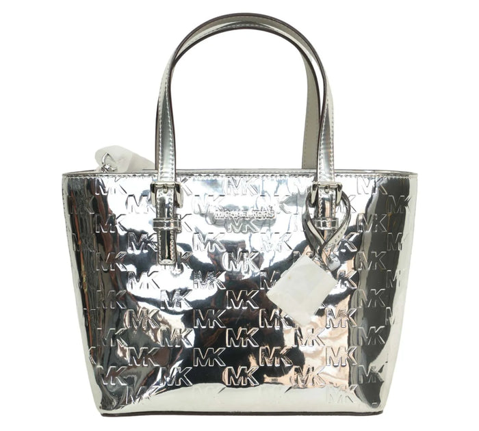 Jet Set Medium Silver Patent Logo Debossed Tote